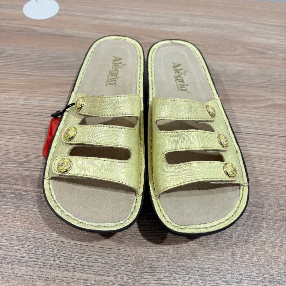 Alegria Fiona Iridescent Snake Slide Sandals Women Yellow Size 39 Leather - Picture 2 of 6